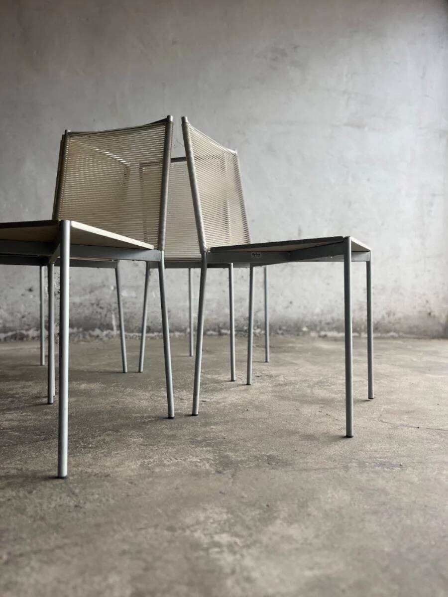 Set of 4 light grey powder-coated metal Fly Line chairs with cream rope - Giandomenico Belotti, 1980s