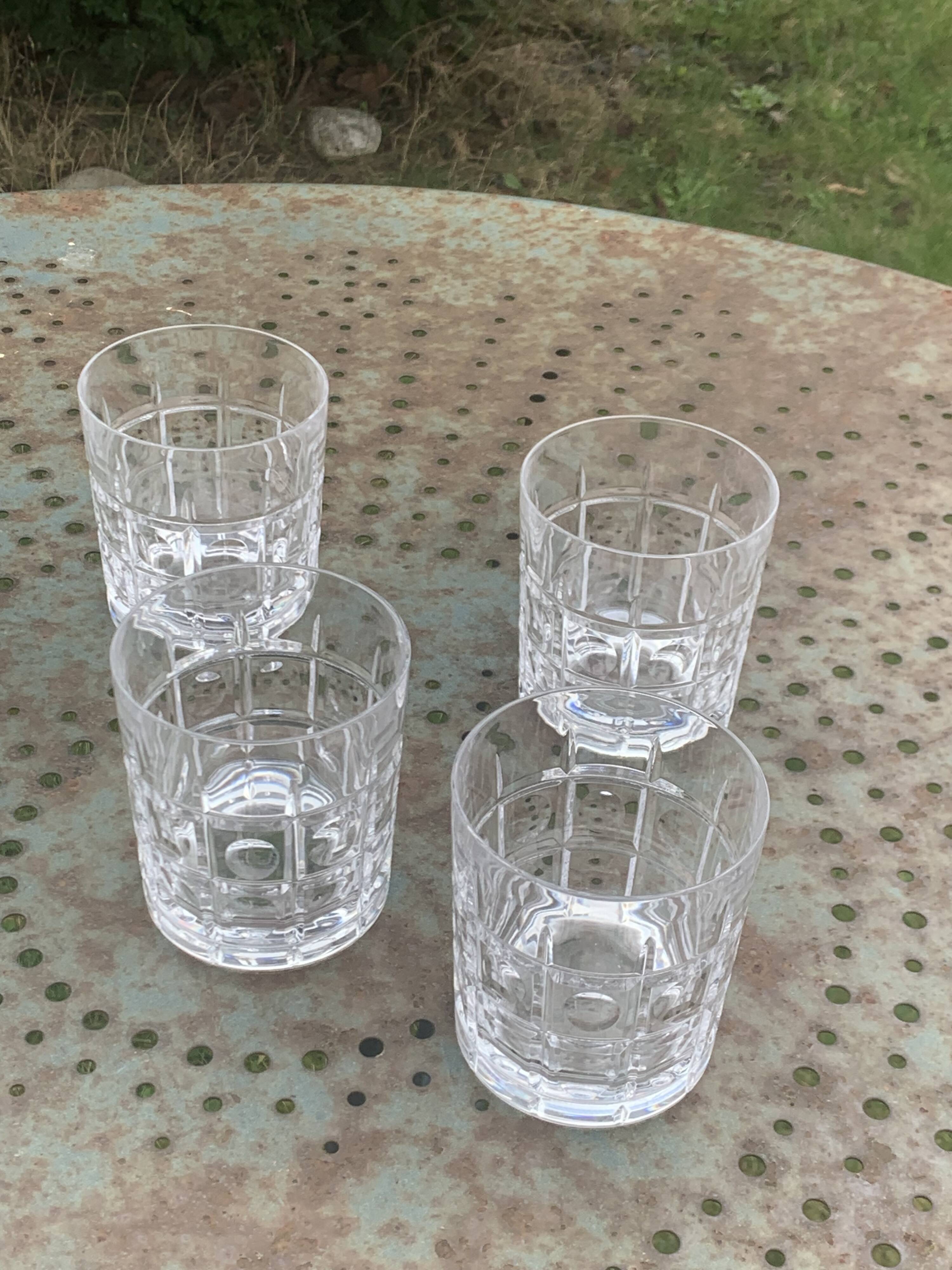 5 whisky glasses, Cristal Bayel stamps, transparent crystal with patterns