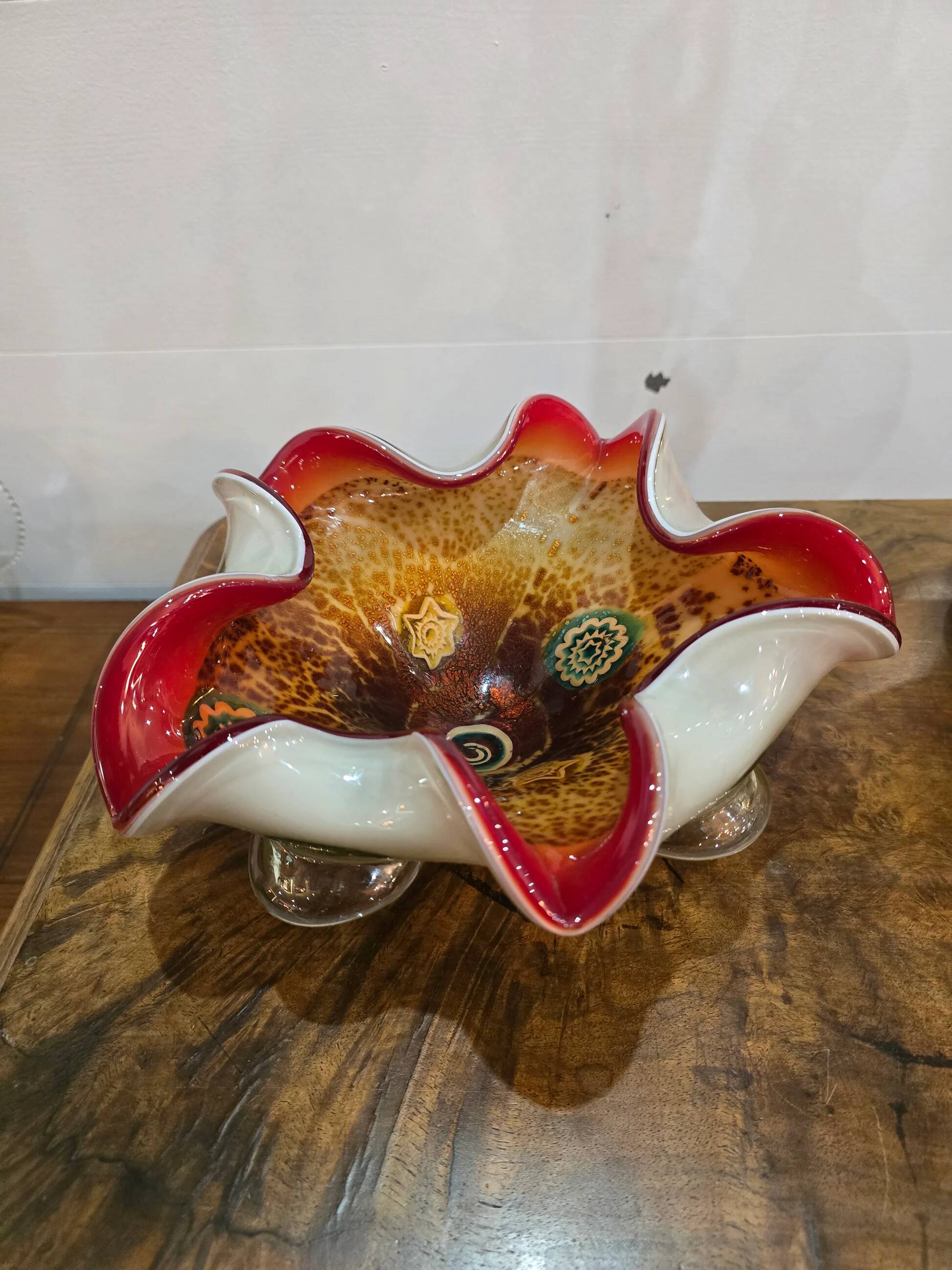Murano glass bowl – Millefiori & red rim – 26 cm