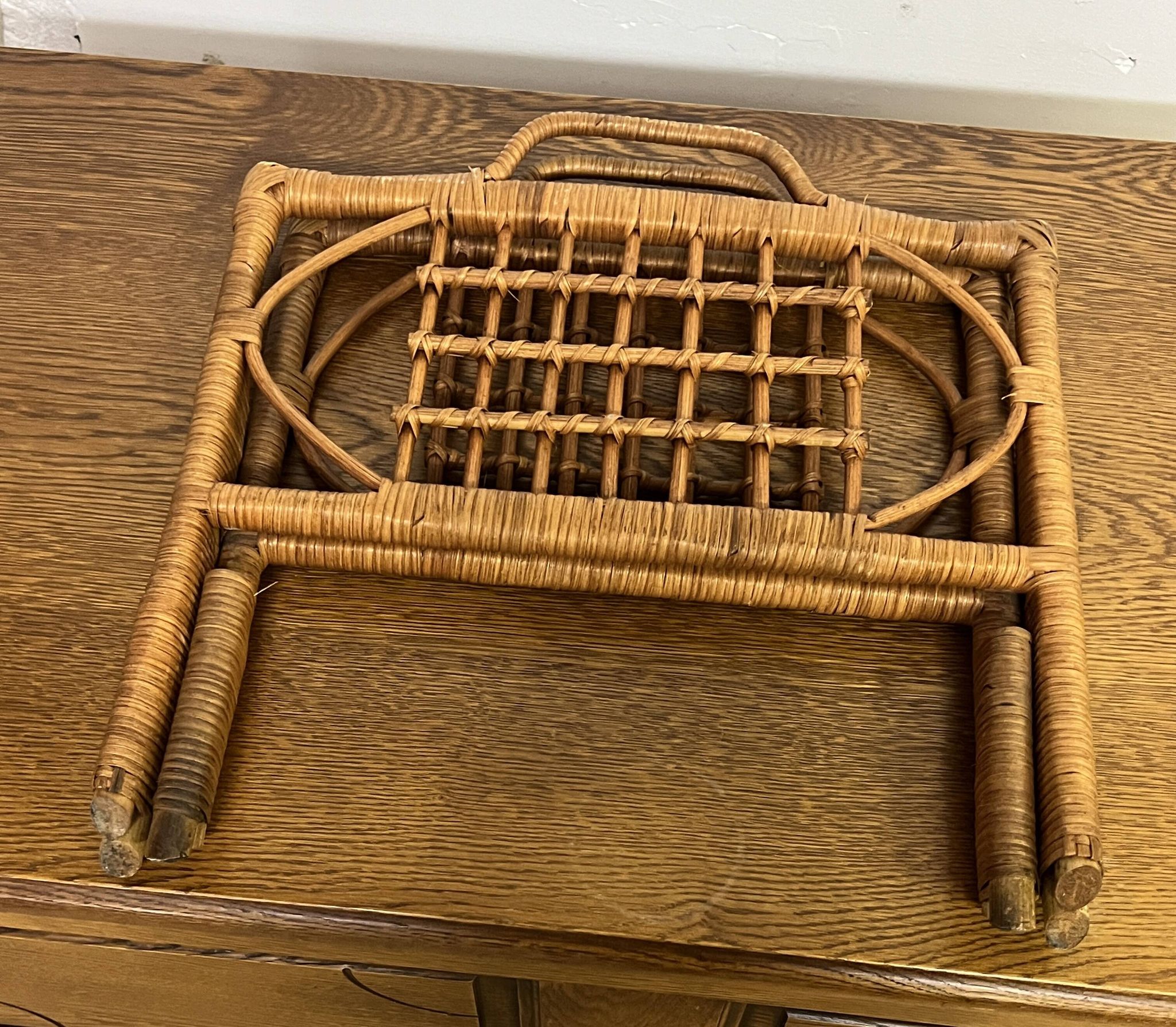 Vintage folding rattan magazine rack