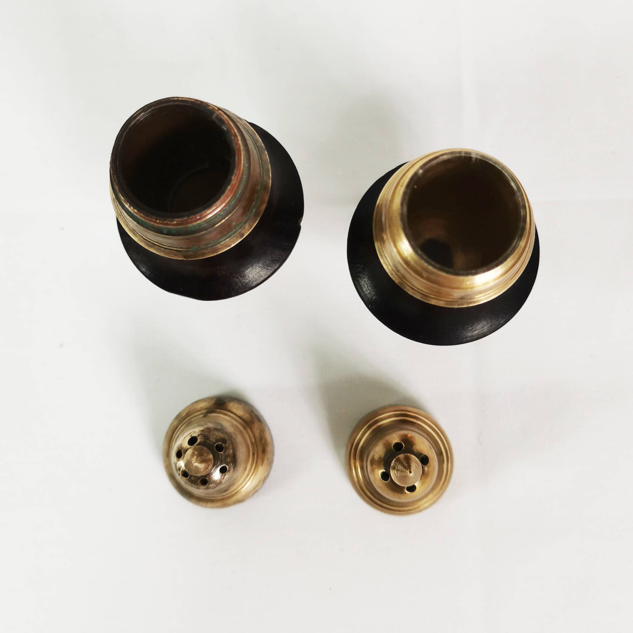 Brass and rosewood spice set, Denmark, 1950s