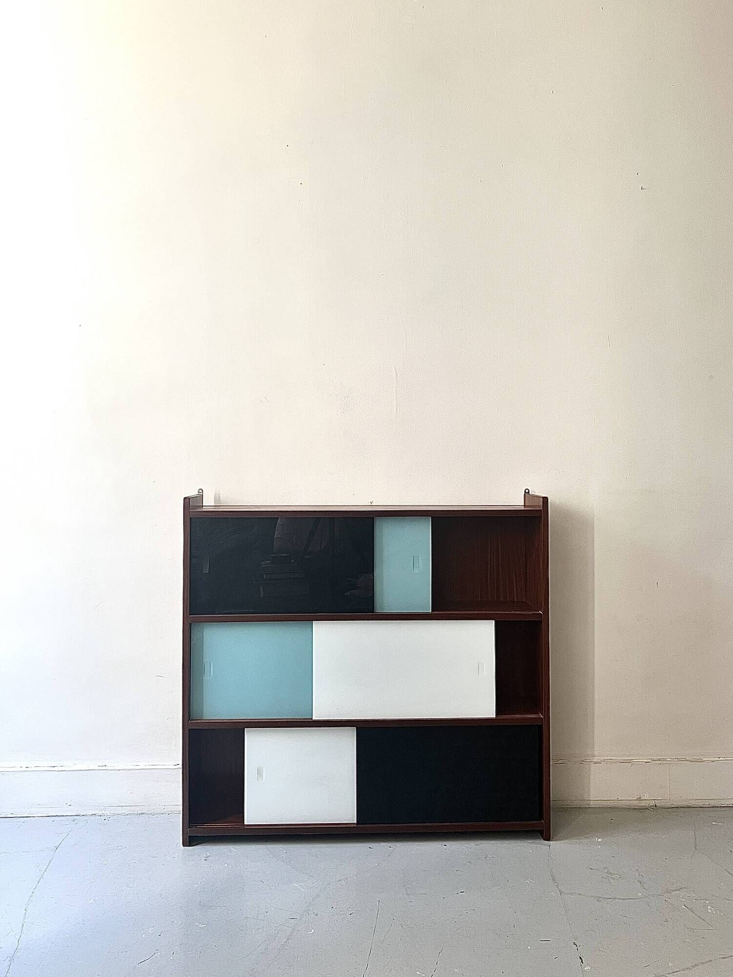 Large closed bookcase in wood and glass, Oscar Furniture design, 1950s