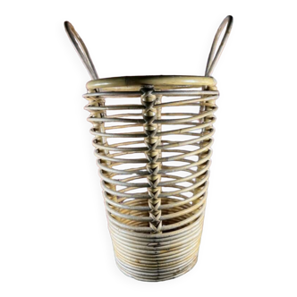 Vintage rattan umbrella stand made of bamboo and rattan from the 60s with two handles
