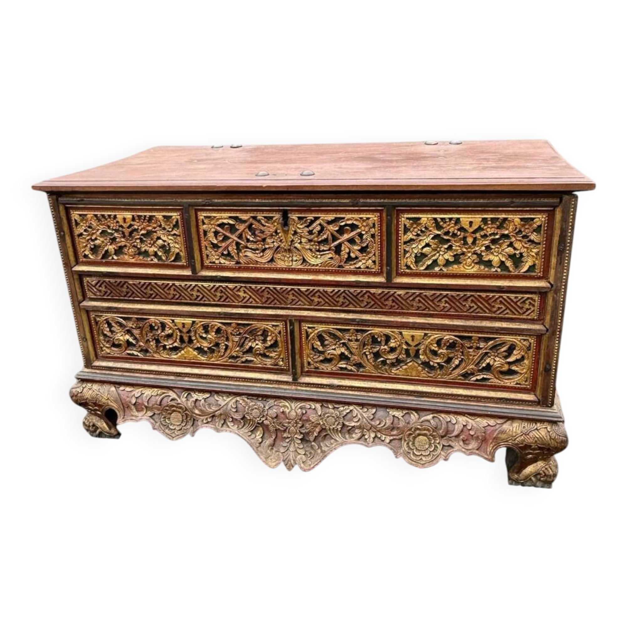 Large antique chest / bed end in solid exotic mahogany wood. 19th century