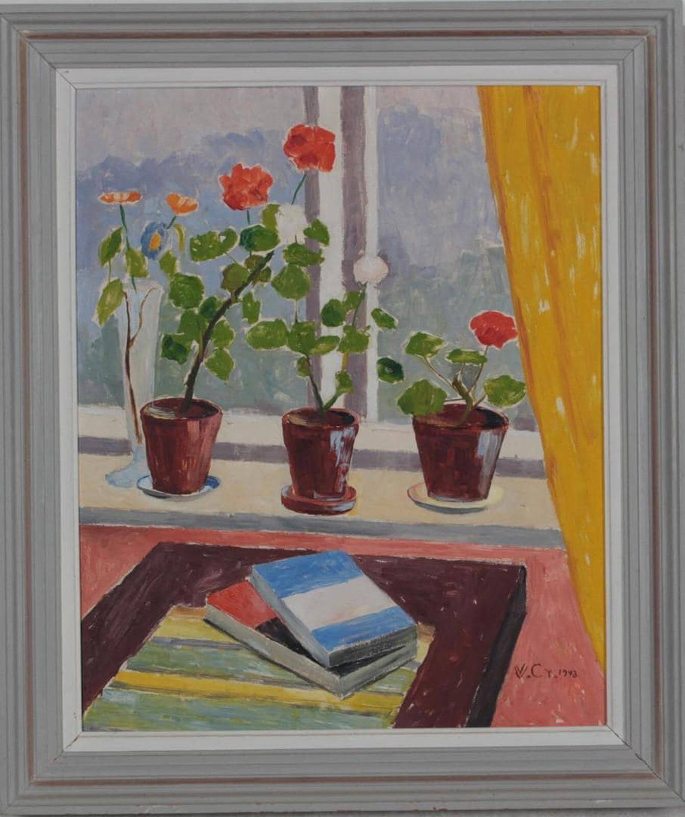 Original Swedish Oil On Panel – “Books And Blossoms” – Vintage & Framed – 91 × 77 Cm