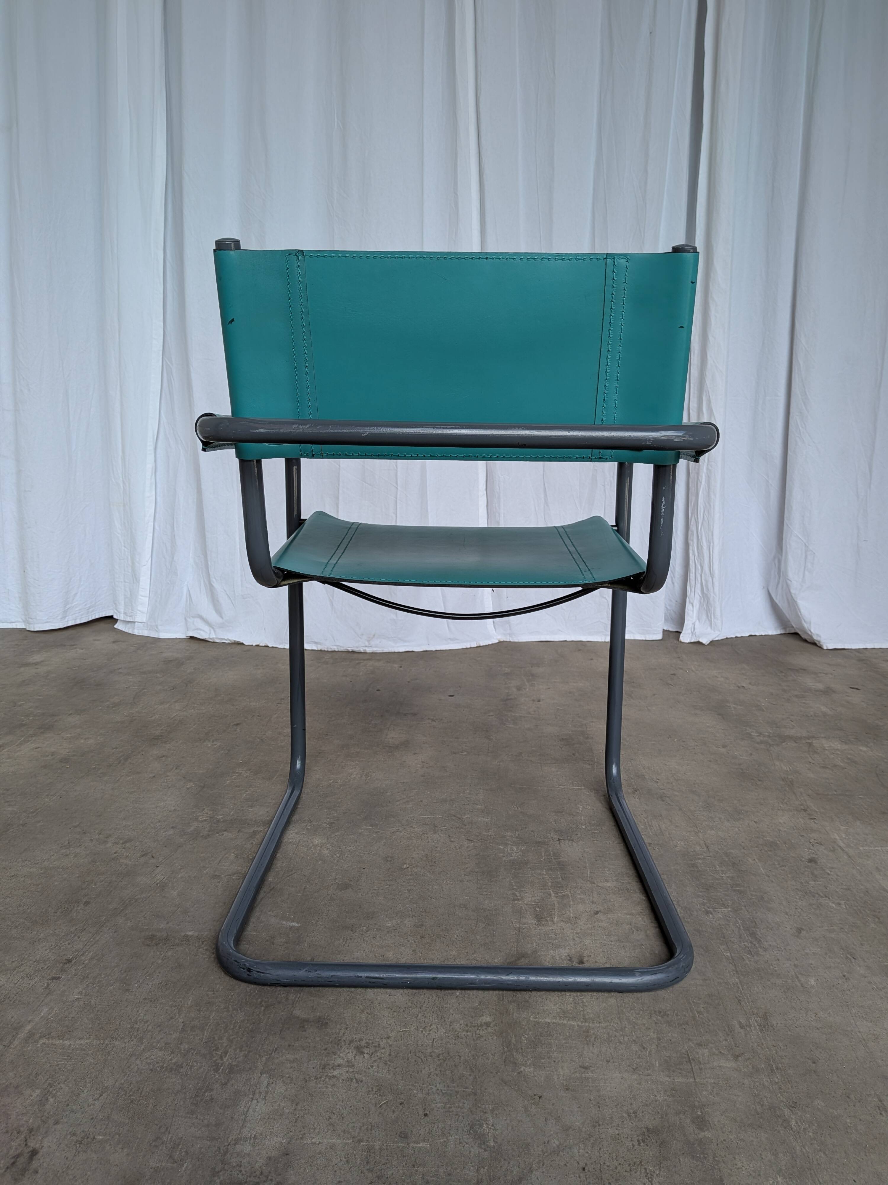 Vintage Mart Stam Style Armchair: Turquoise Leather, Black Chrome Cantileve