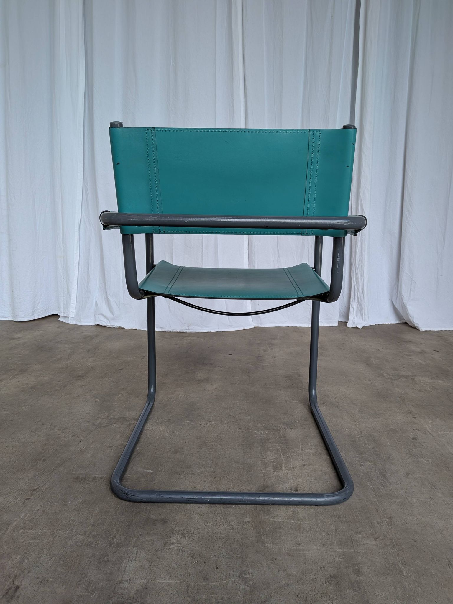Vintage Mart Stam Style Armchair: Turquoise Leather, Black Chrome Cantileve