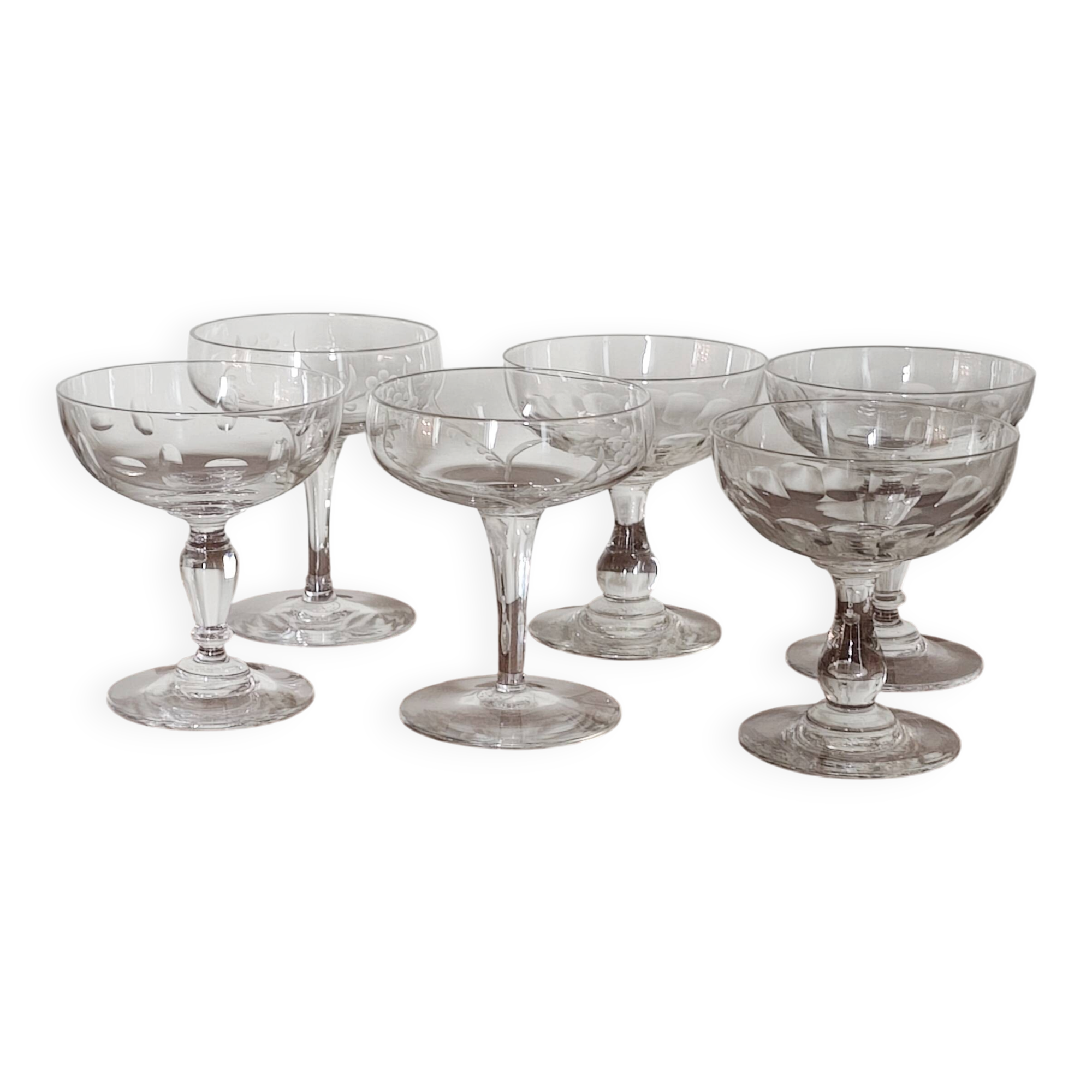 Set of 6 mismatched old crystal champagne glasses