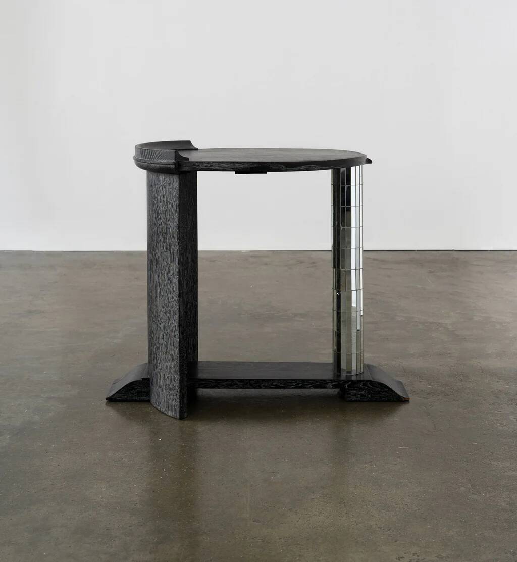 Vintage ebonised oak and mirror mosaic pedestal table