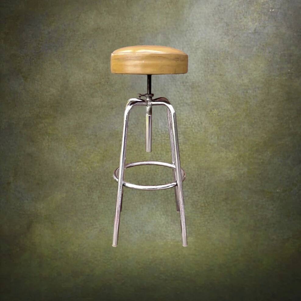 Adjustable industrial stool in chrome metal and beige leather – 1950s 60s