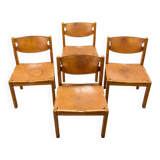 Set of 4 chairs from the 1960s in elm and patinated leather.