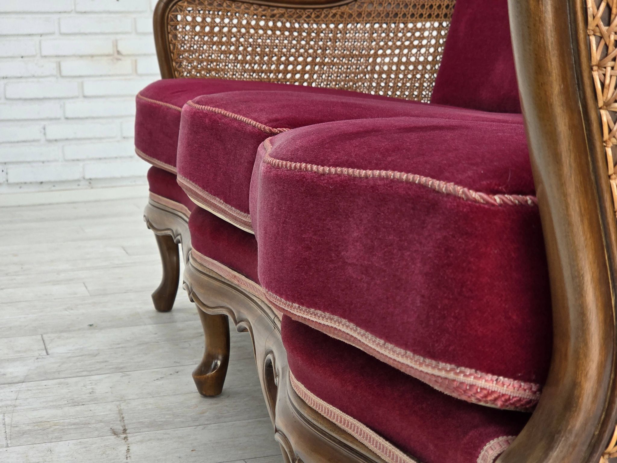1950s, Danish 3-seater sofa, furniture velour, ash wood, mesh.