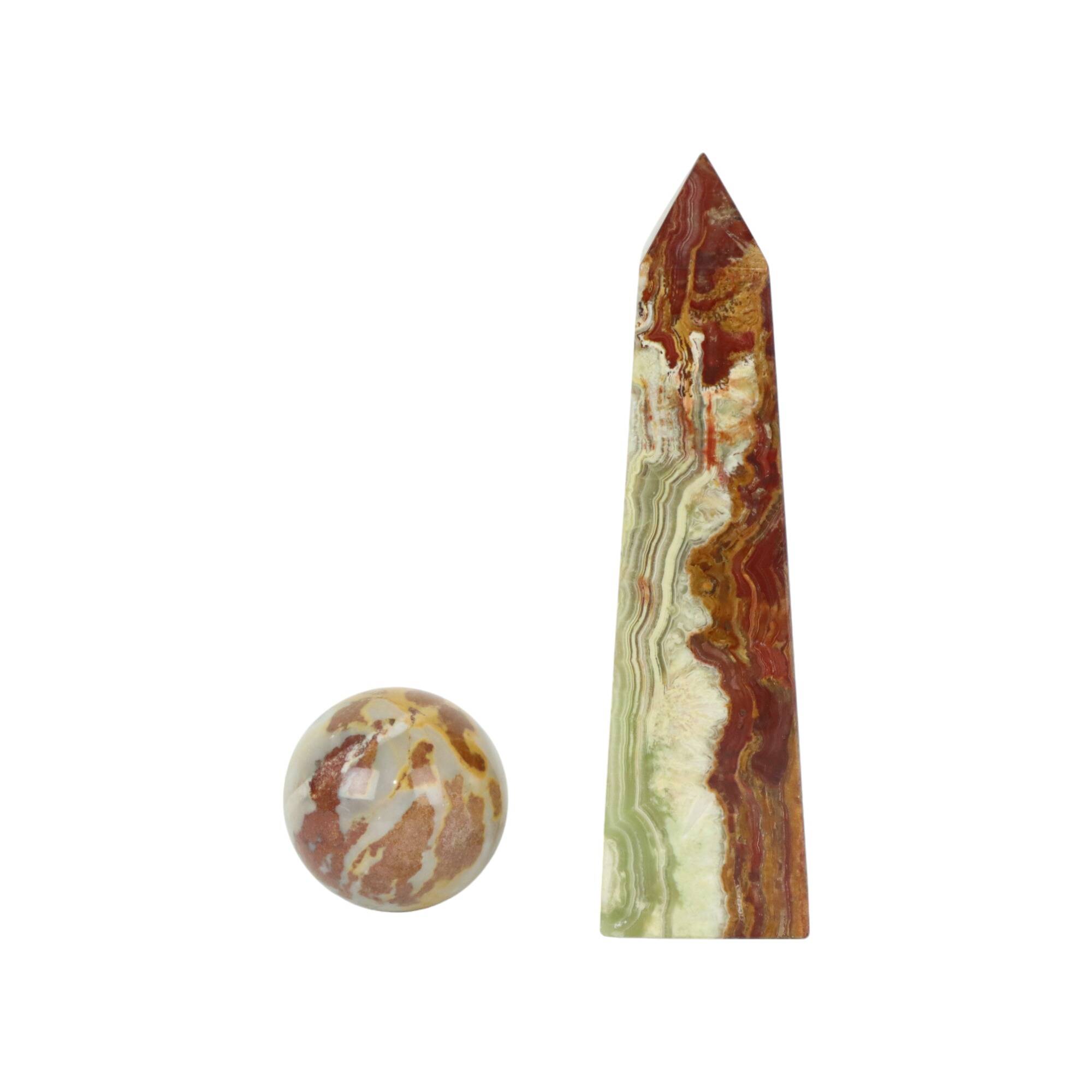 Veined onyx marble obelisk and polished sphere paperweight