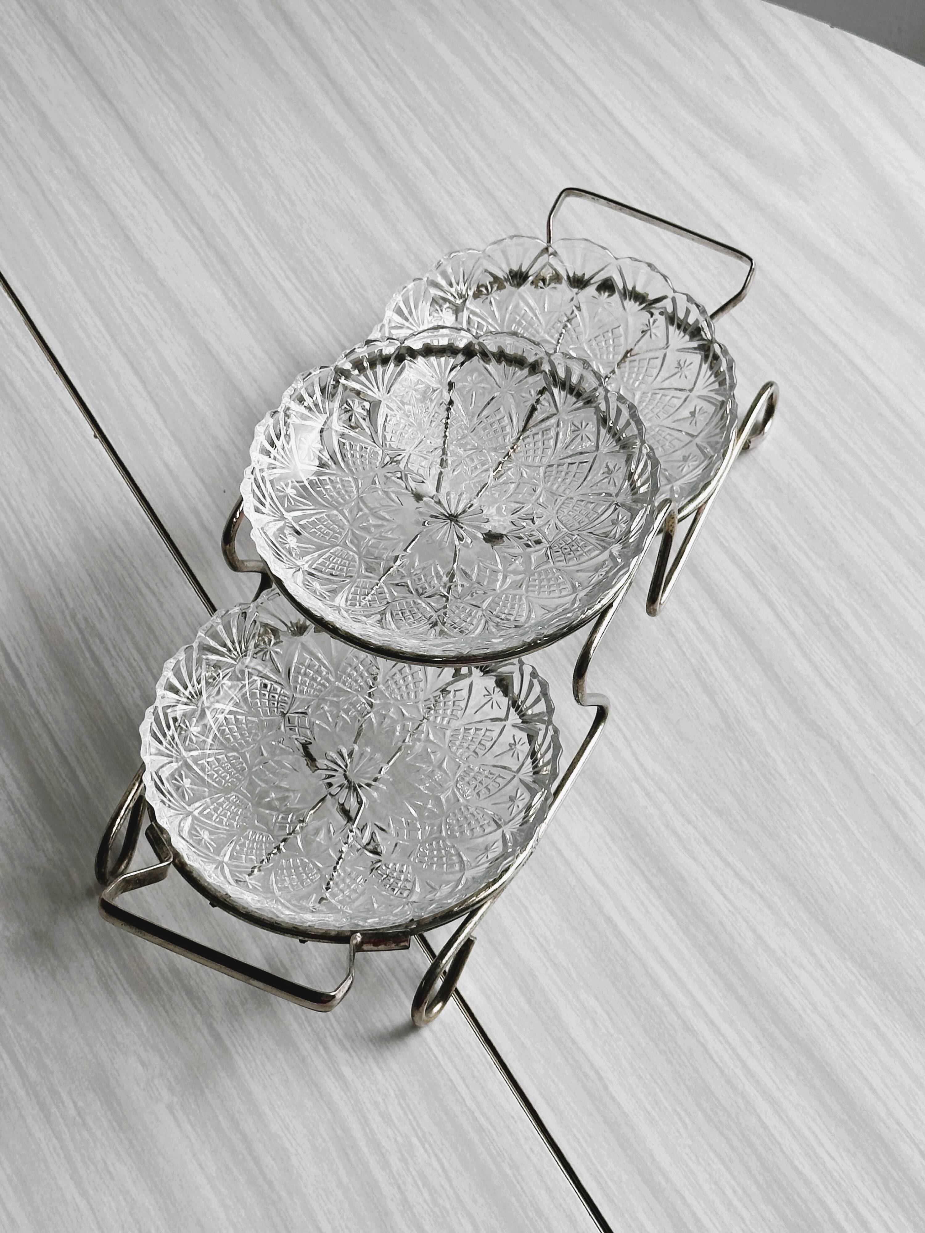 Metal and crystal server, crystal ramekins.