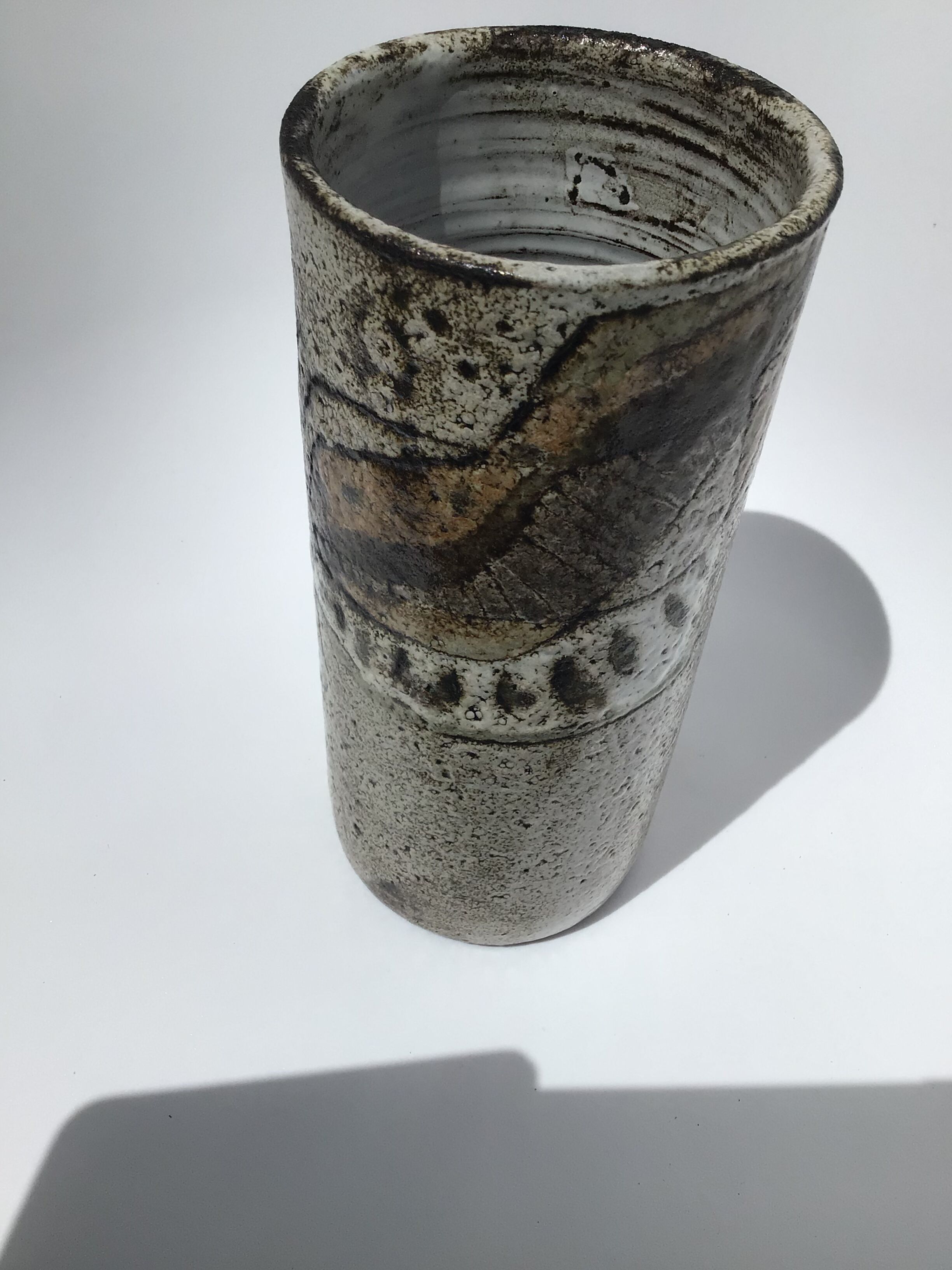 Artisan vase enamel beige brown abstract pattern