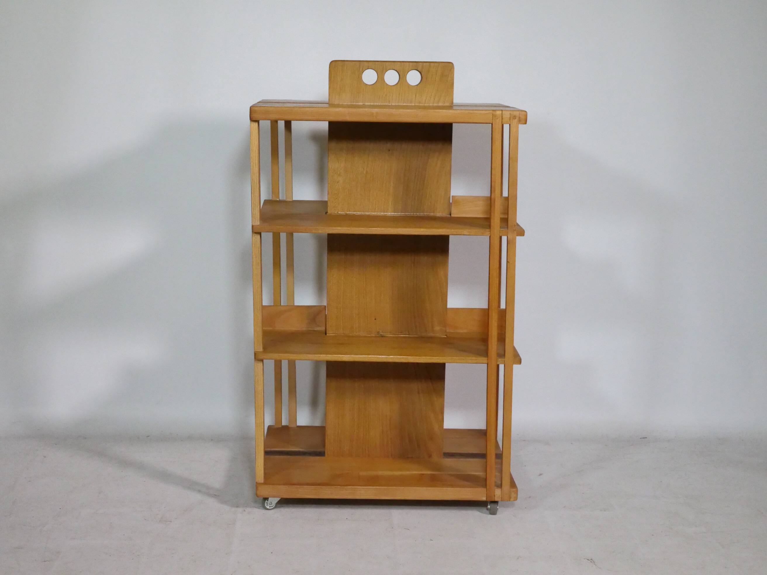 Solid cherry wood rolling shelf, unique piece, 1970s
