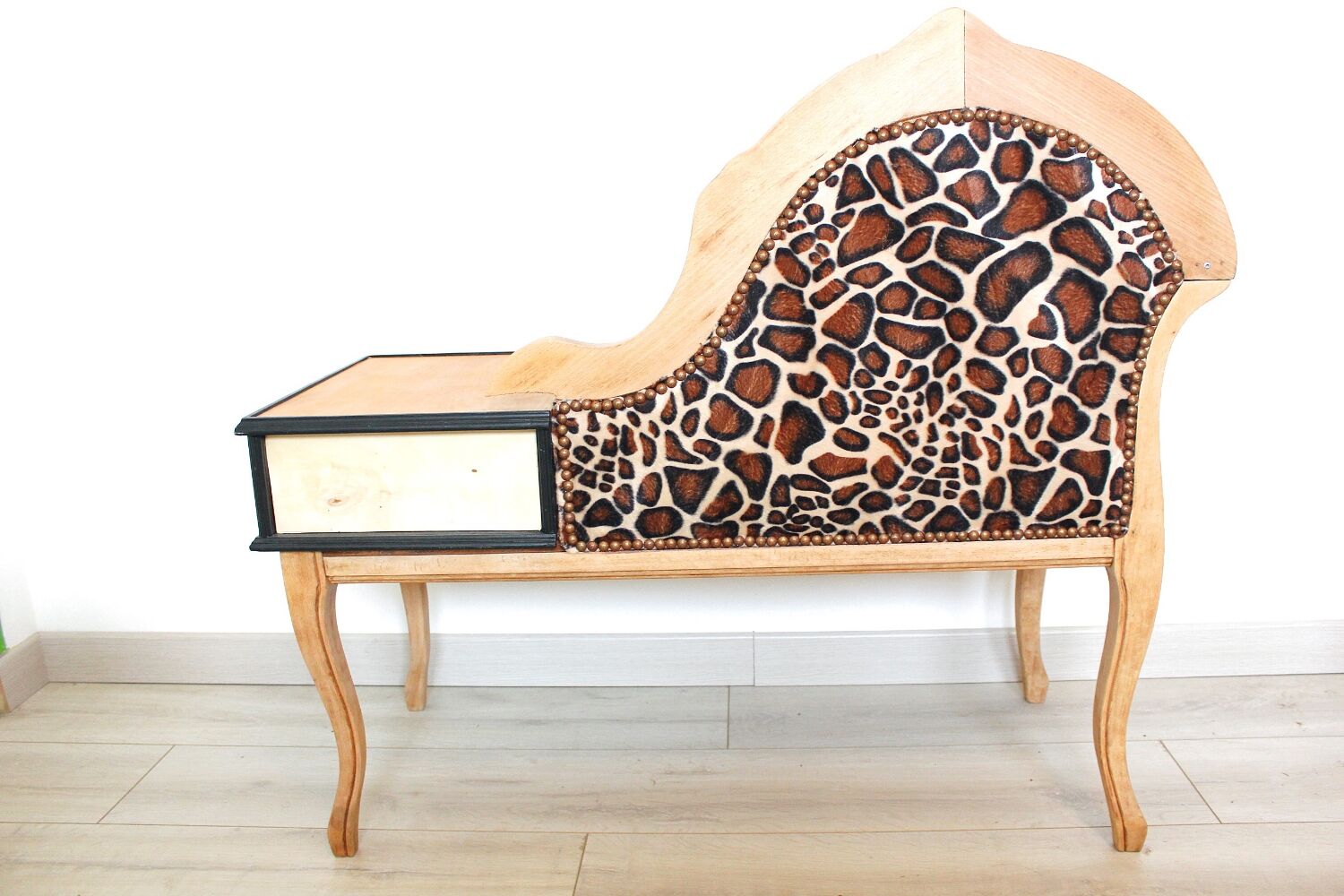 1970s armchair telephone cabinet - leopard giraffe fabric