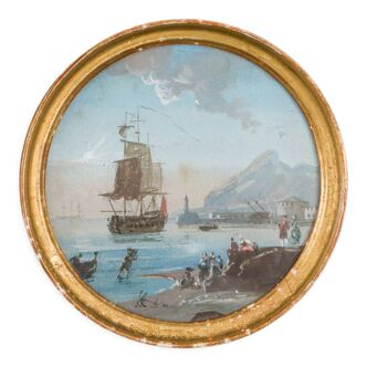 Miniature du XVIIIe Galion et scène de port Cadre en bois doré