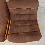 Pair of armchairs in pine and velvet