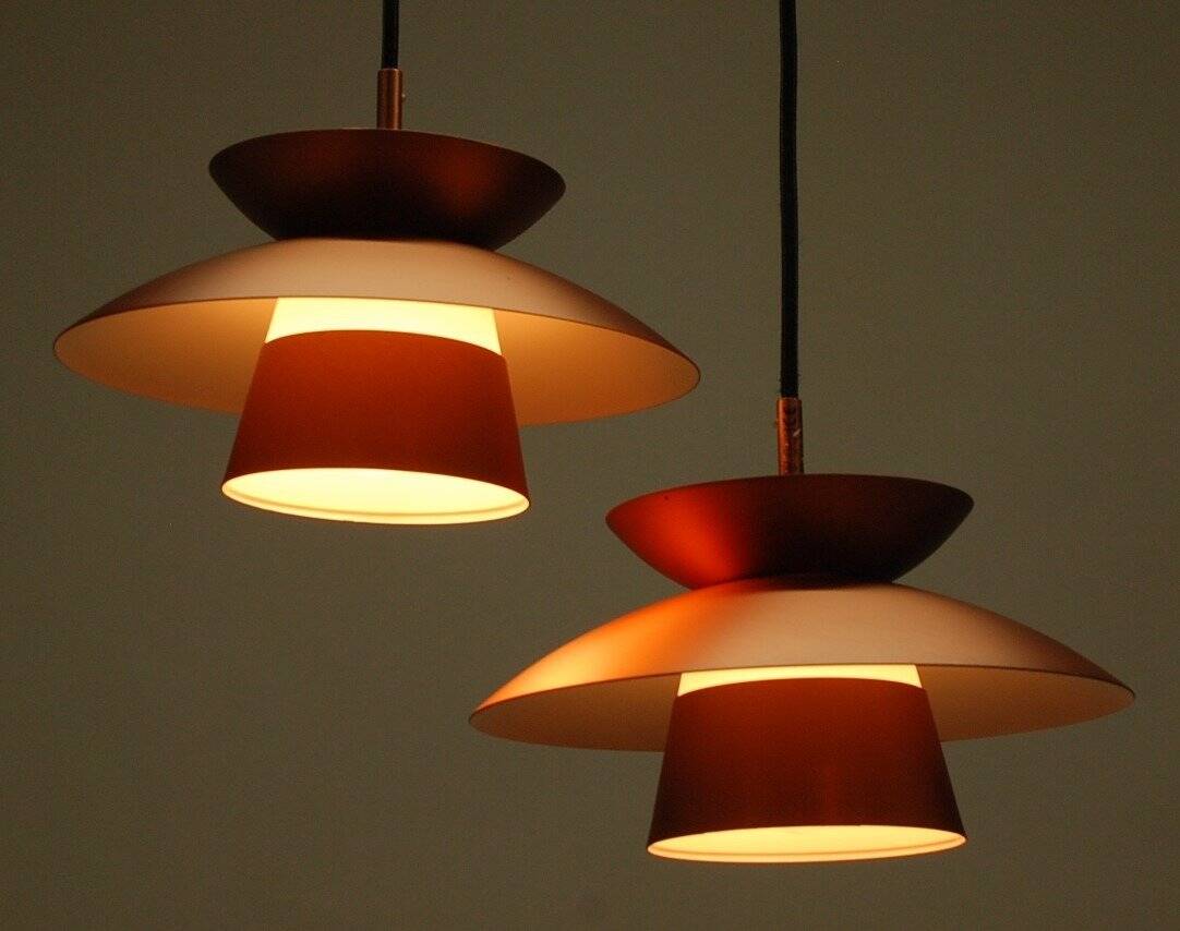 2 Danish pendant lights in copper and glass