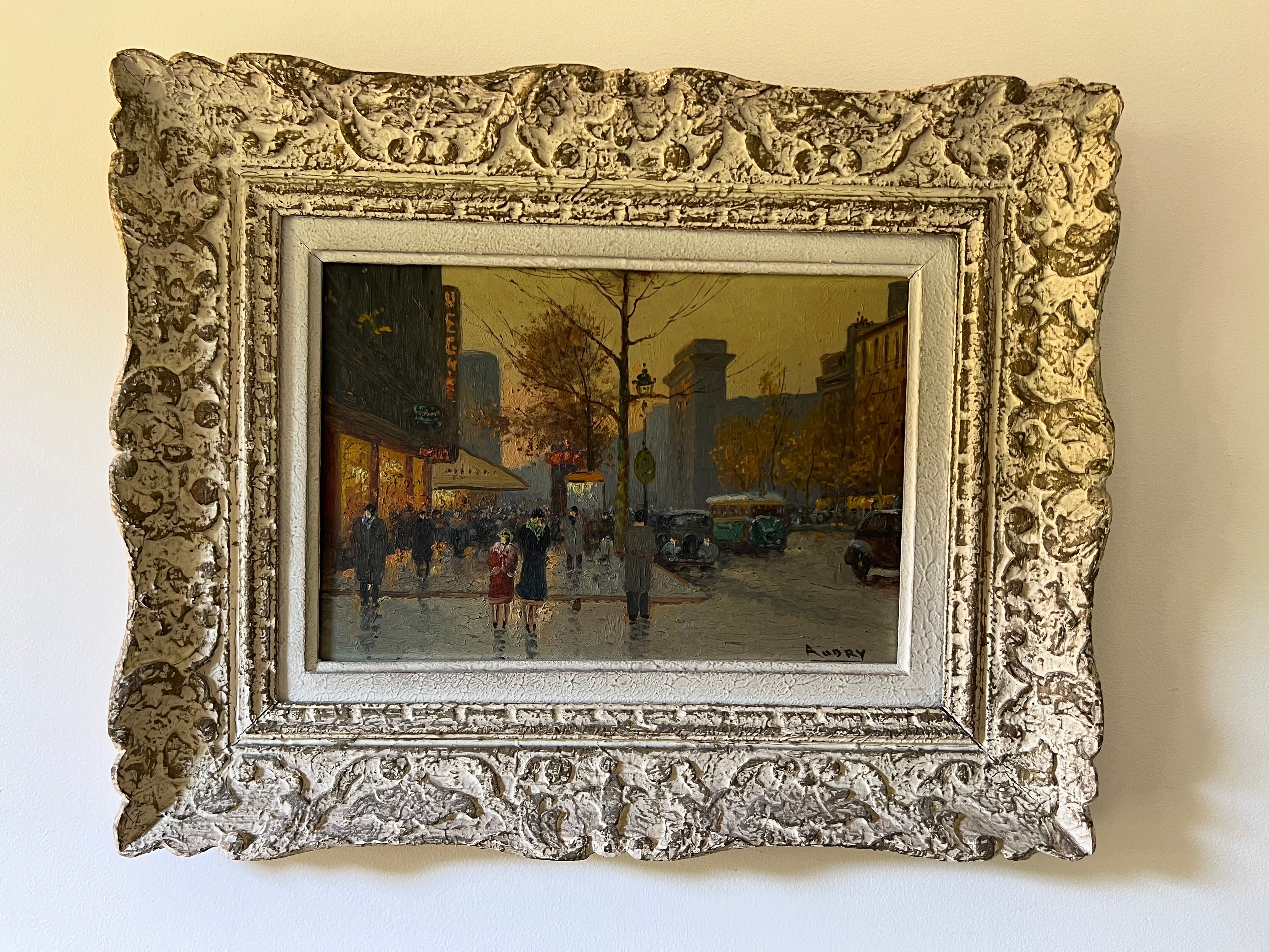 Oil painting depicting a view of Paris in a Montparnasse frame. French work signed Audry. Circa 1930.