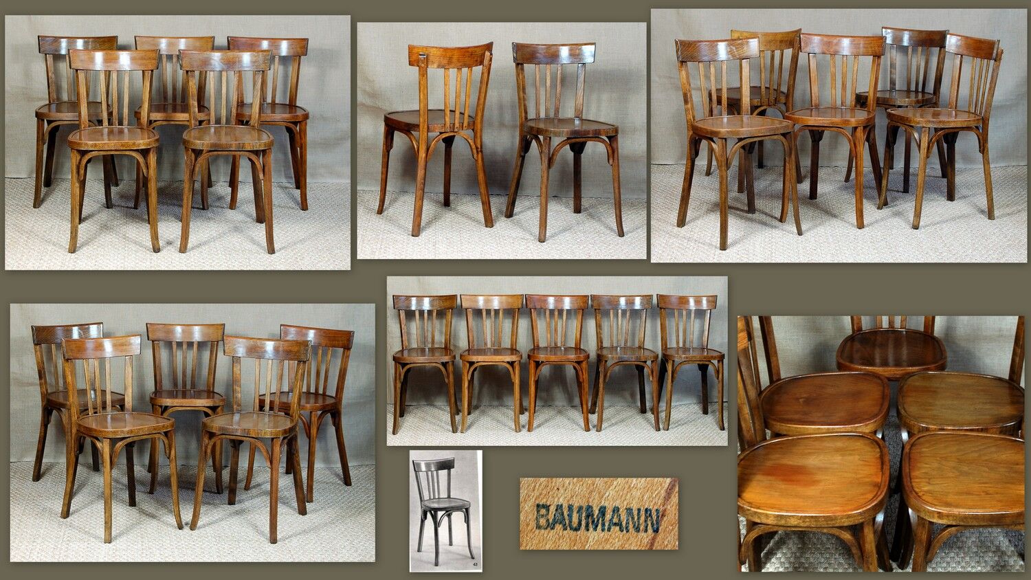 5 bistro chairs Baumann no.43 60s wood-bottomed