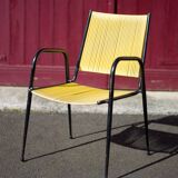 Scoubidou armchair, black metal armchair and yellow plastic wires, vintage chair