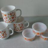 Set of 3 mugs and 3 ramekins Arcopal floral floral decoration from 1970/80