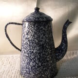Cafetière verseuse ancienne en tôle émaillée bleu blanc