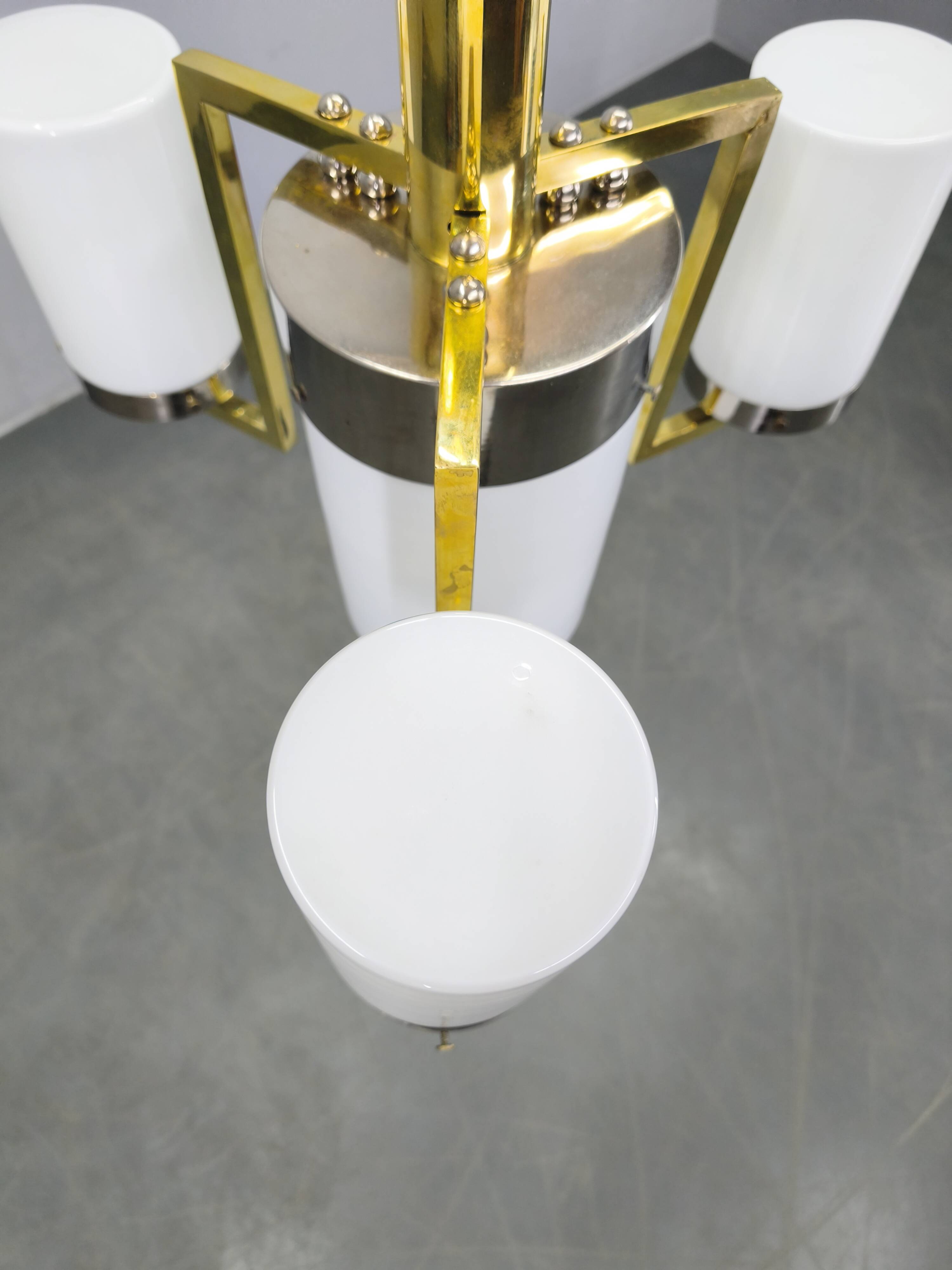 Czechoslovak Art Deco Chandelier in Brass and Chrome with Opaline Glass, 1930s
