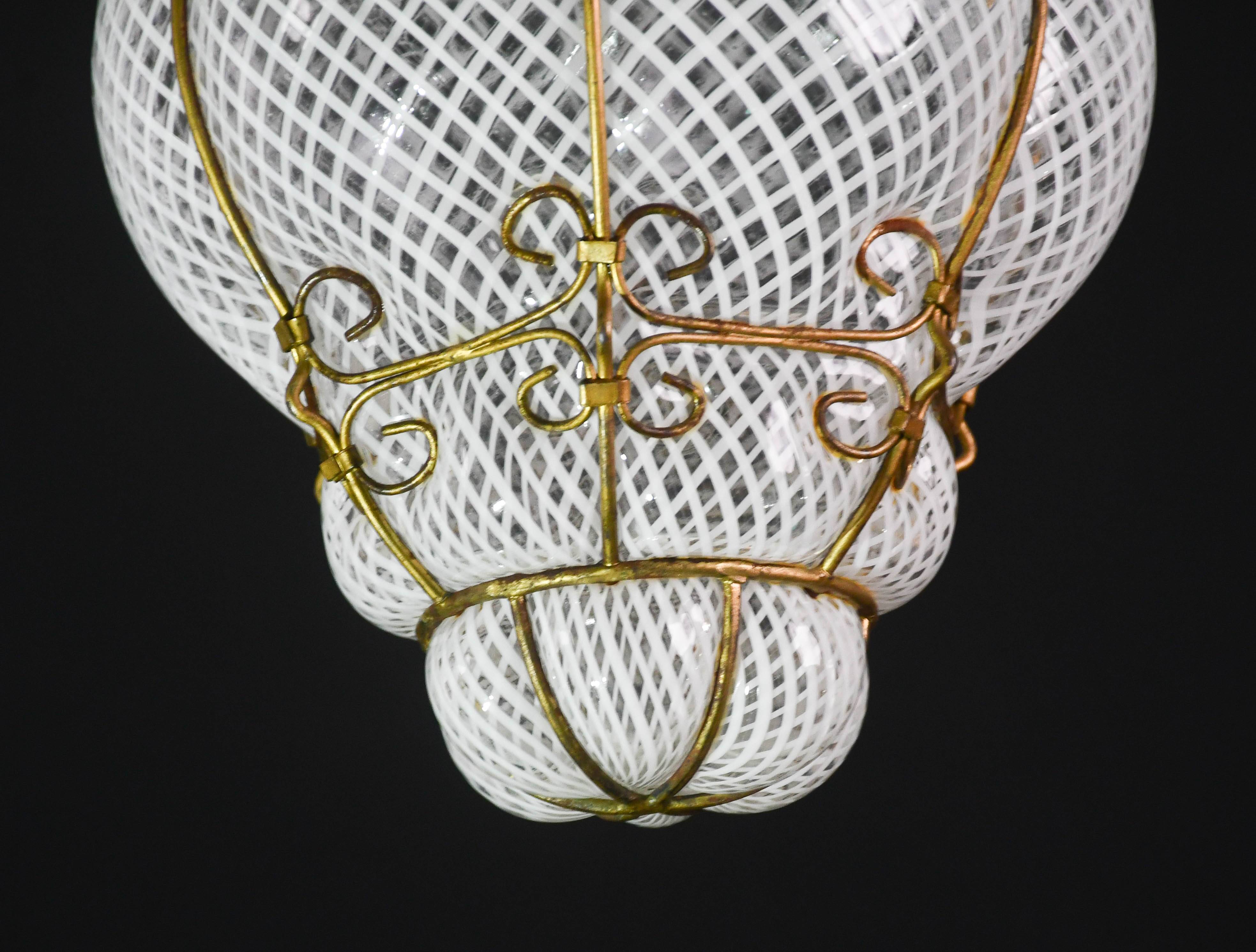 Venini Amazing Venetian Lantern in Murano Reticello Glass, 1950s