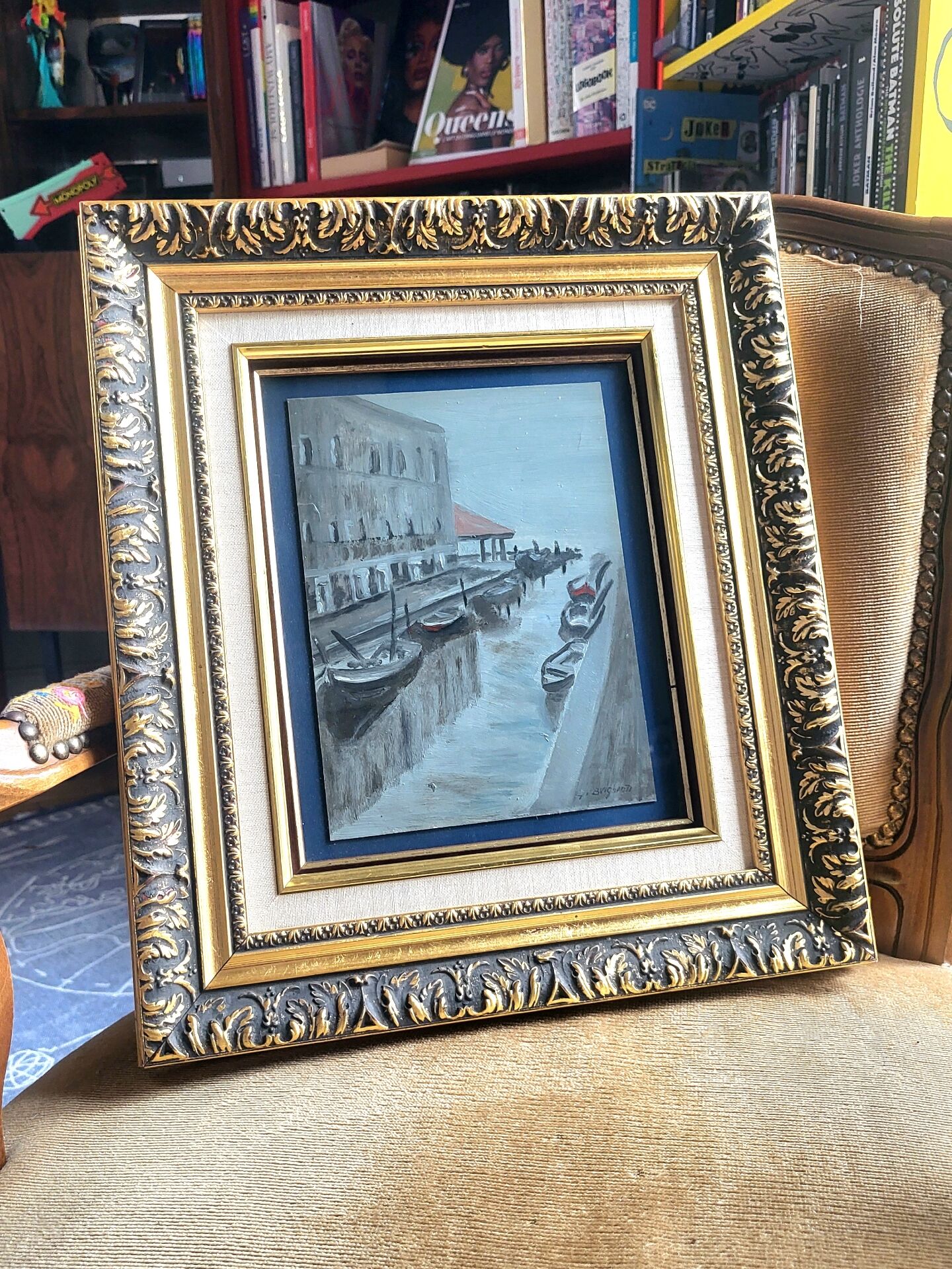 Venice Painting – Oil on old cardboard signed G. Brighenti – Frame