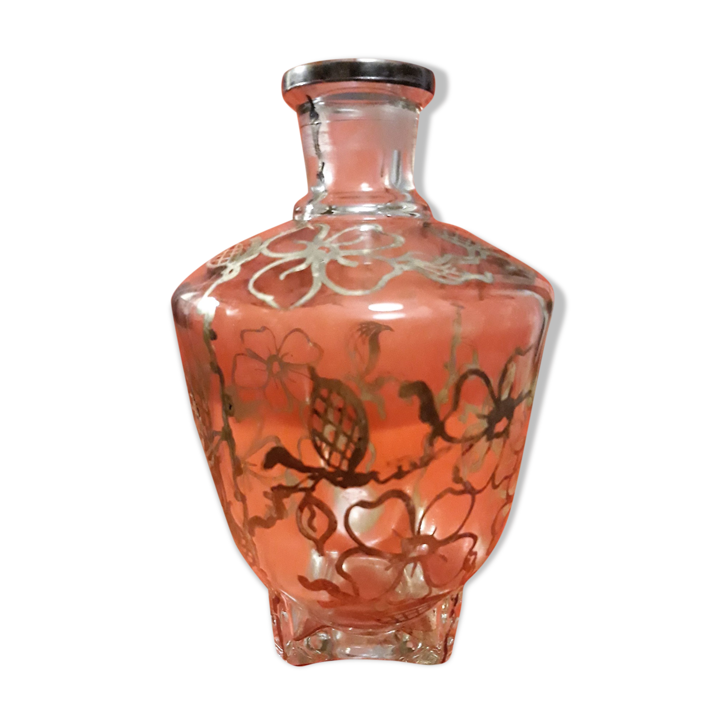 Vase flacon en verre filigrane d'argent