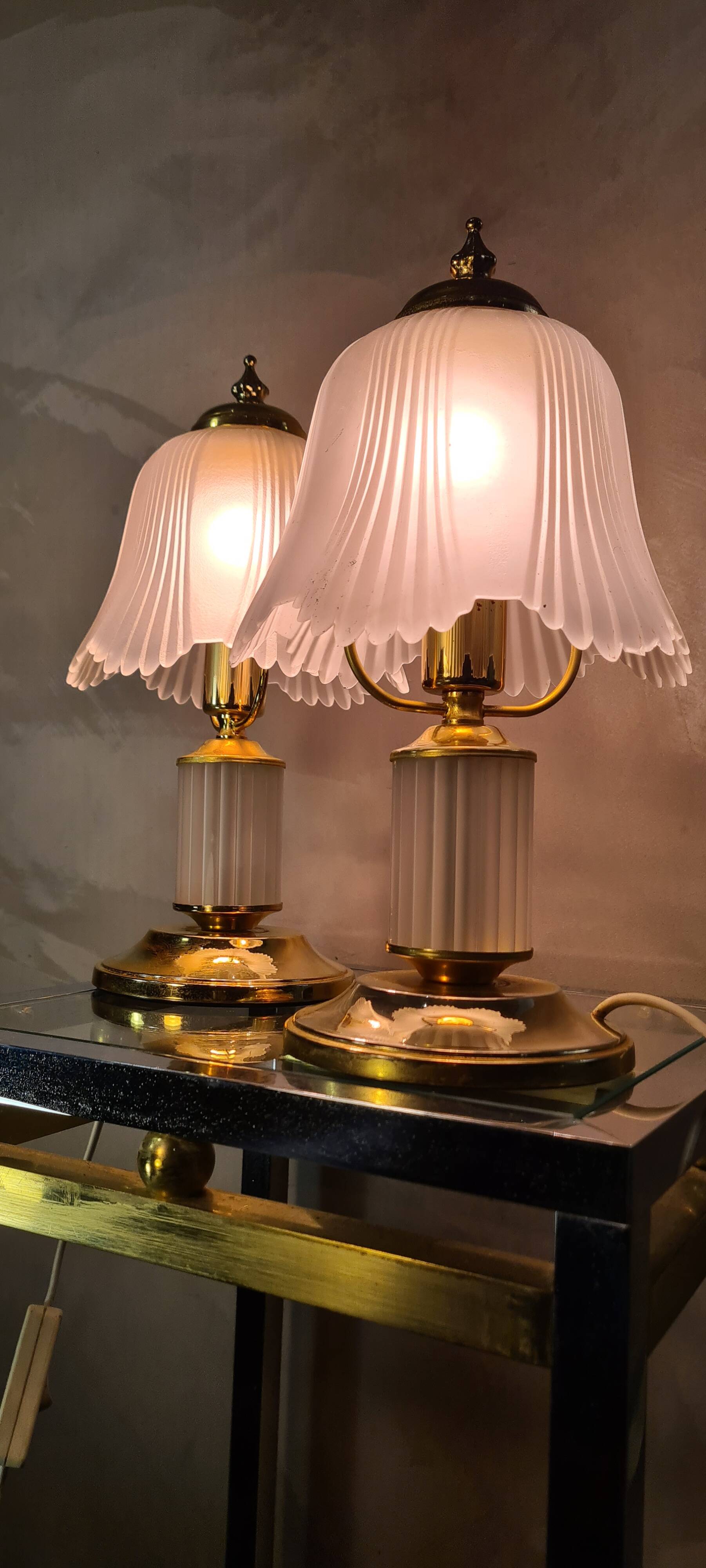 pair of bedside lamp, molded glass and brass 1970