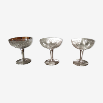 3 champagne glasses in cut glass