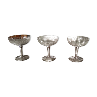 3 champagne glasses in cut glass