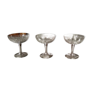 3 champagne glasses in cut glass