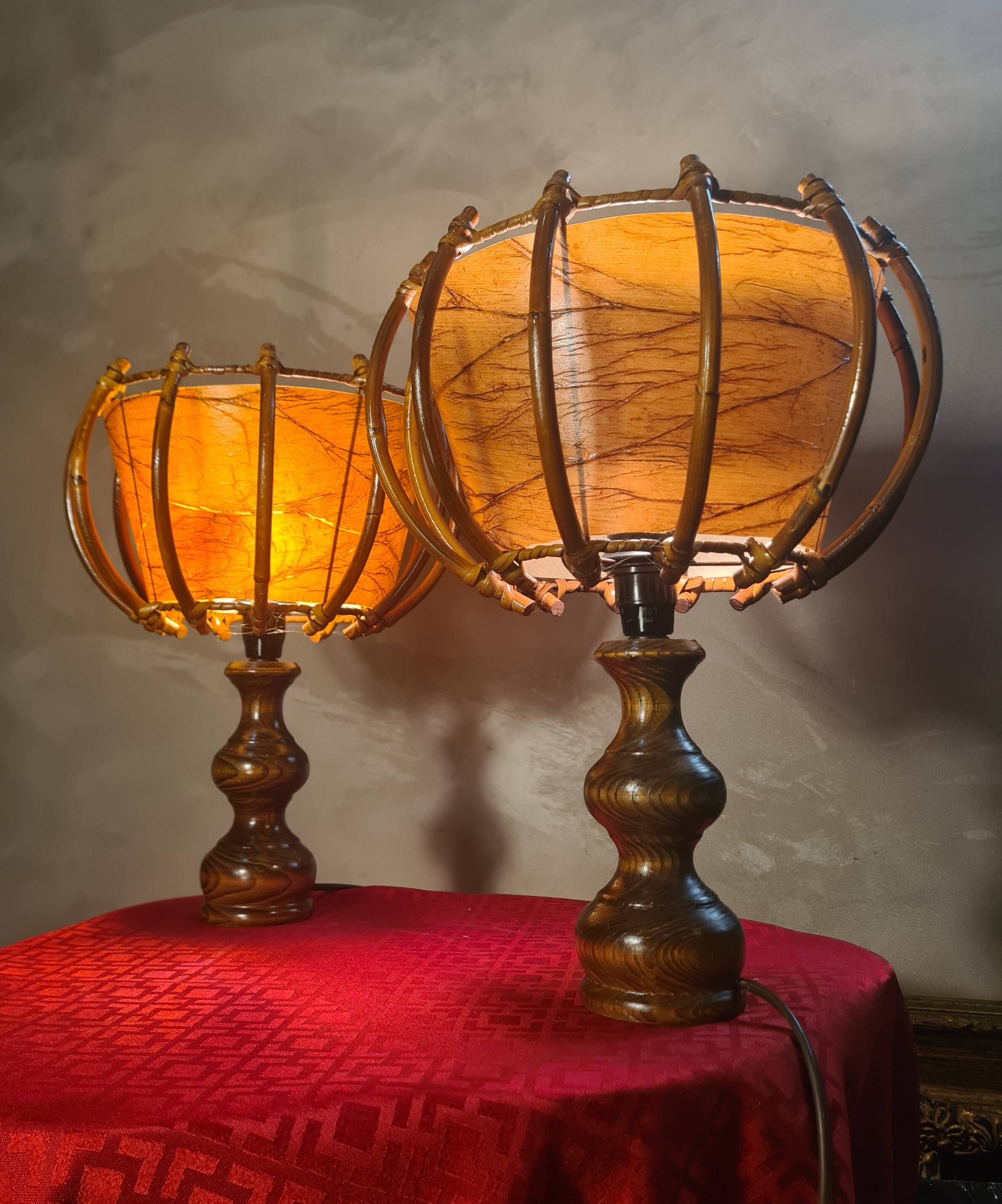 pair of vintage rattan table lamps by Louis Sognot 32x26 - 1950s-60s