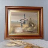 Oil on canvas, wooden frame, flight of ducks, nature, signed C. Walker