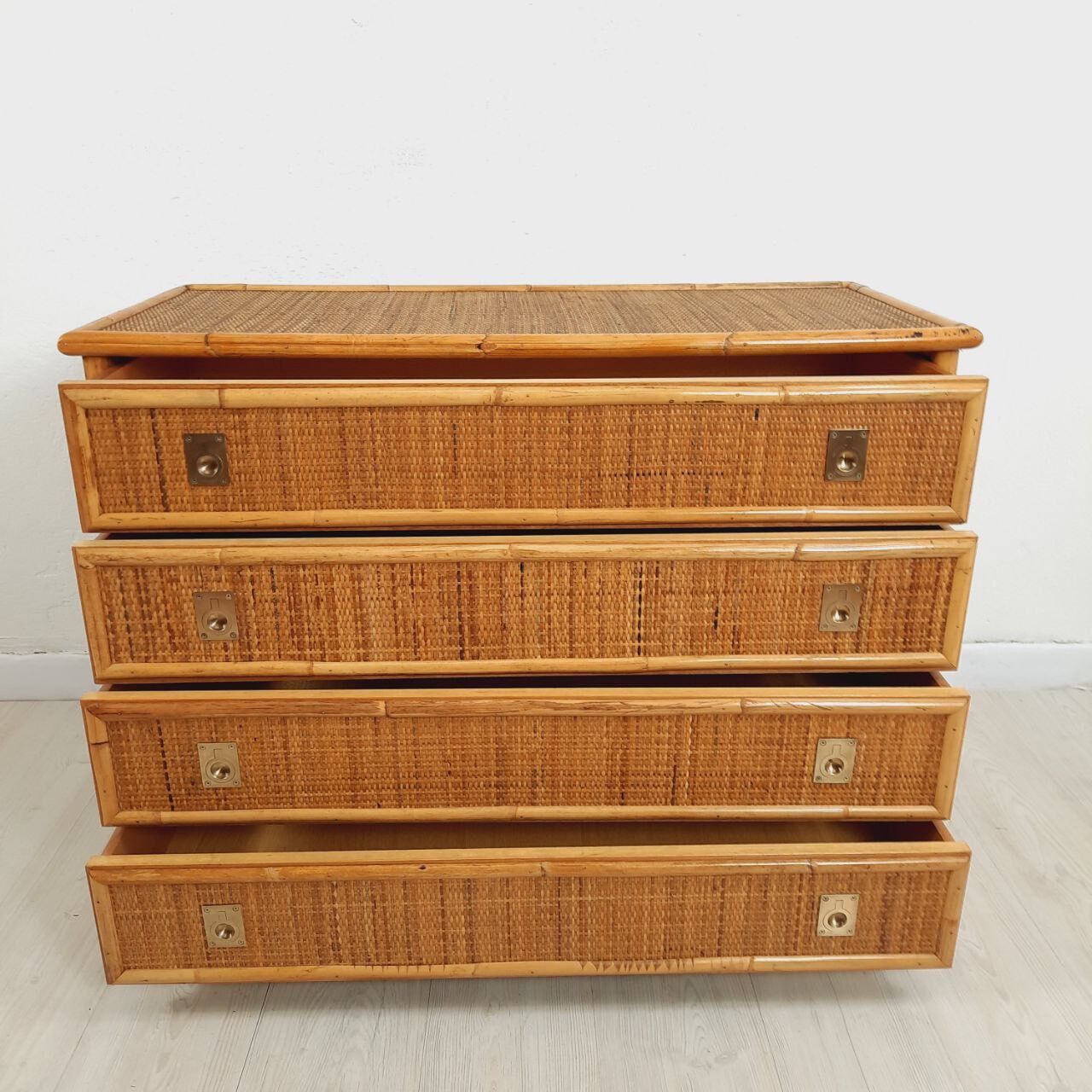 Chest of drawers, dresser, 1960s, Dal vera, bamboo and wicker, brass handles