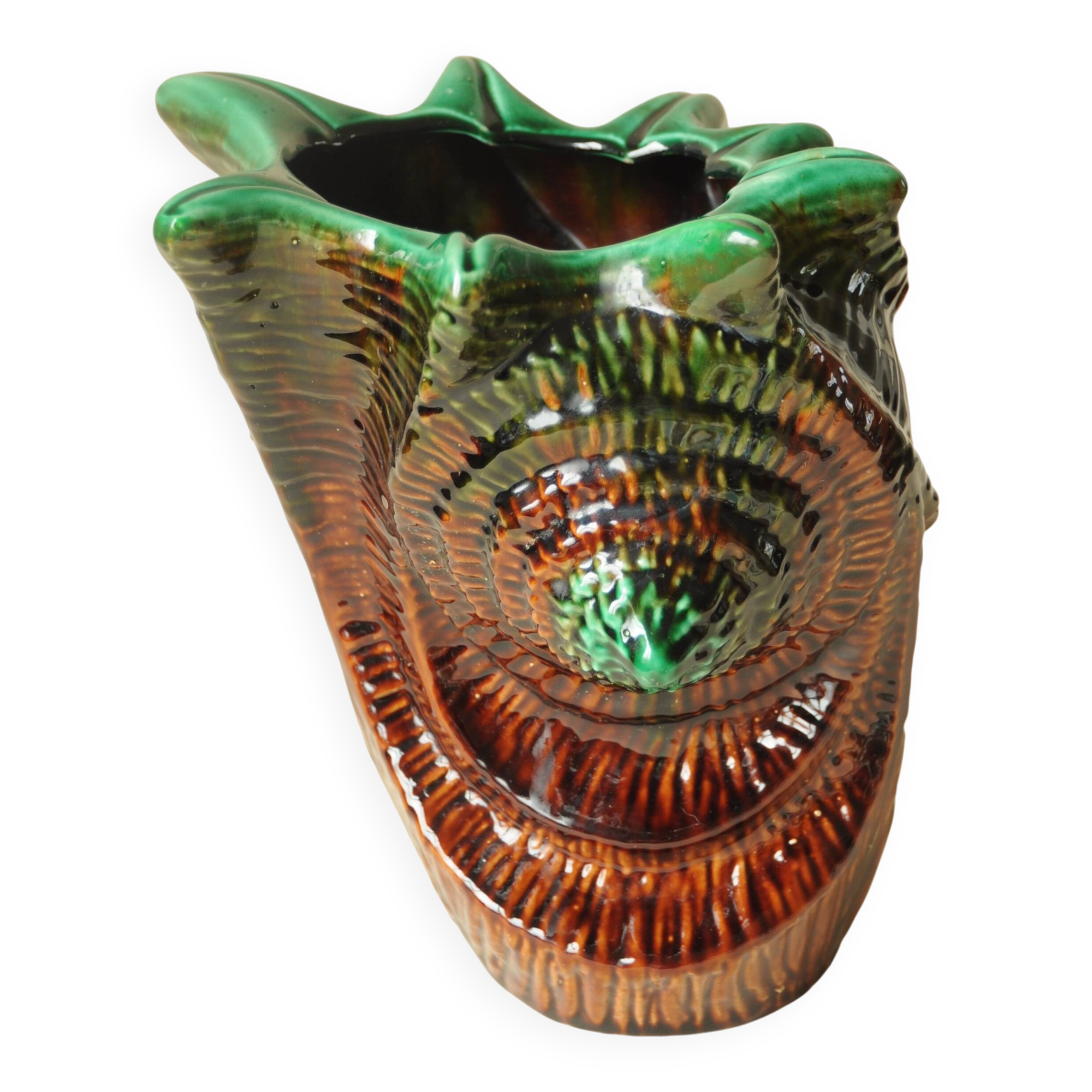 Vintage Shell Vase in Ceramic Barbotine - Green & Brown - 1970s