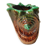 Vintage Shell Vase in Ceramic Barbotine - Green & Brown - 1970s
