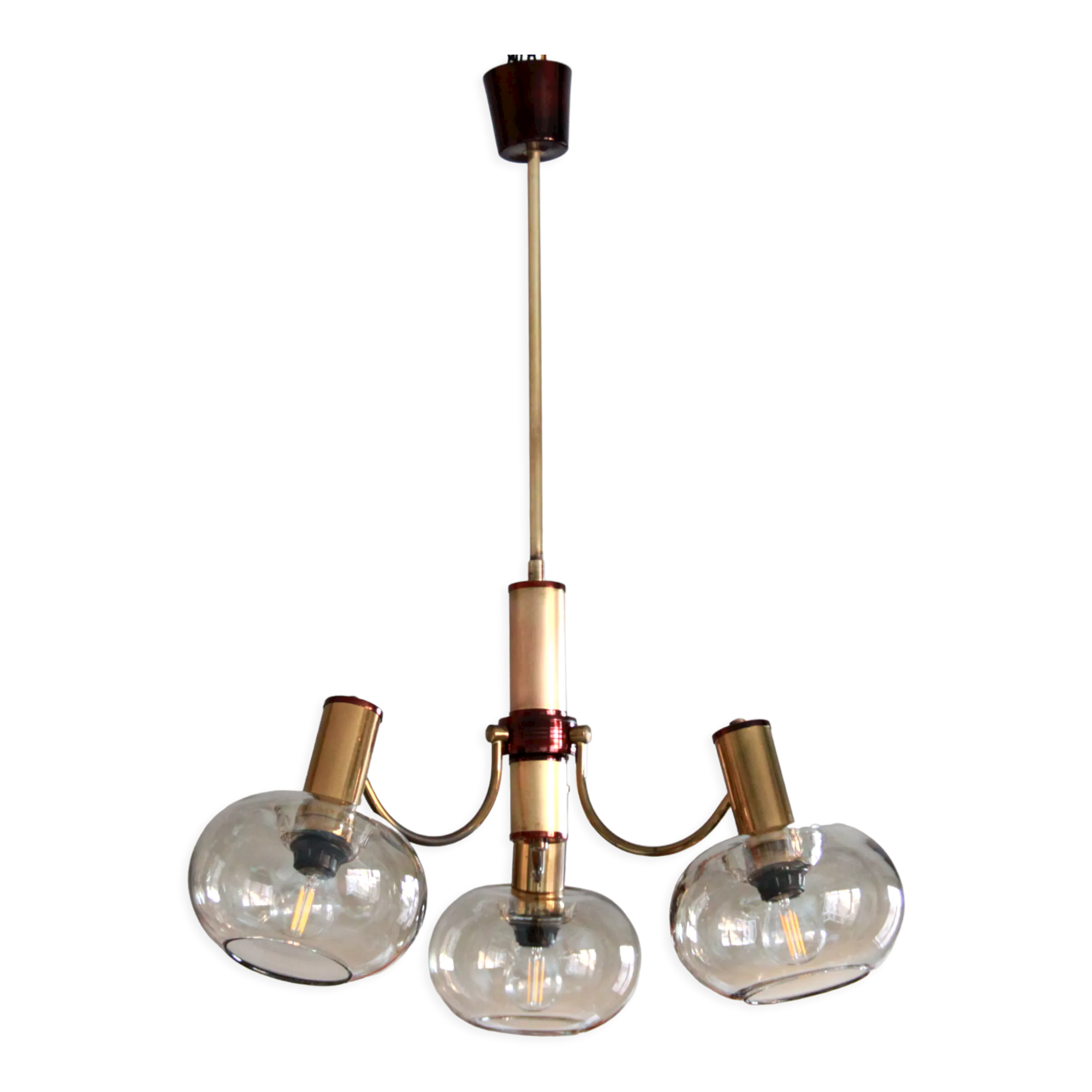 Chandelier 1970 brass gilded globes smoked glass italian