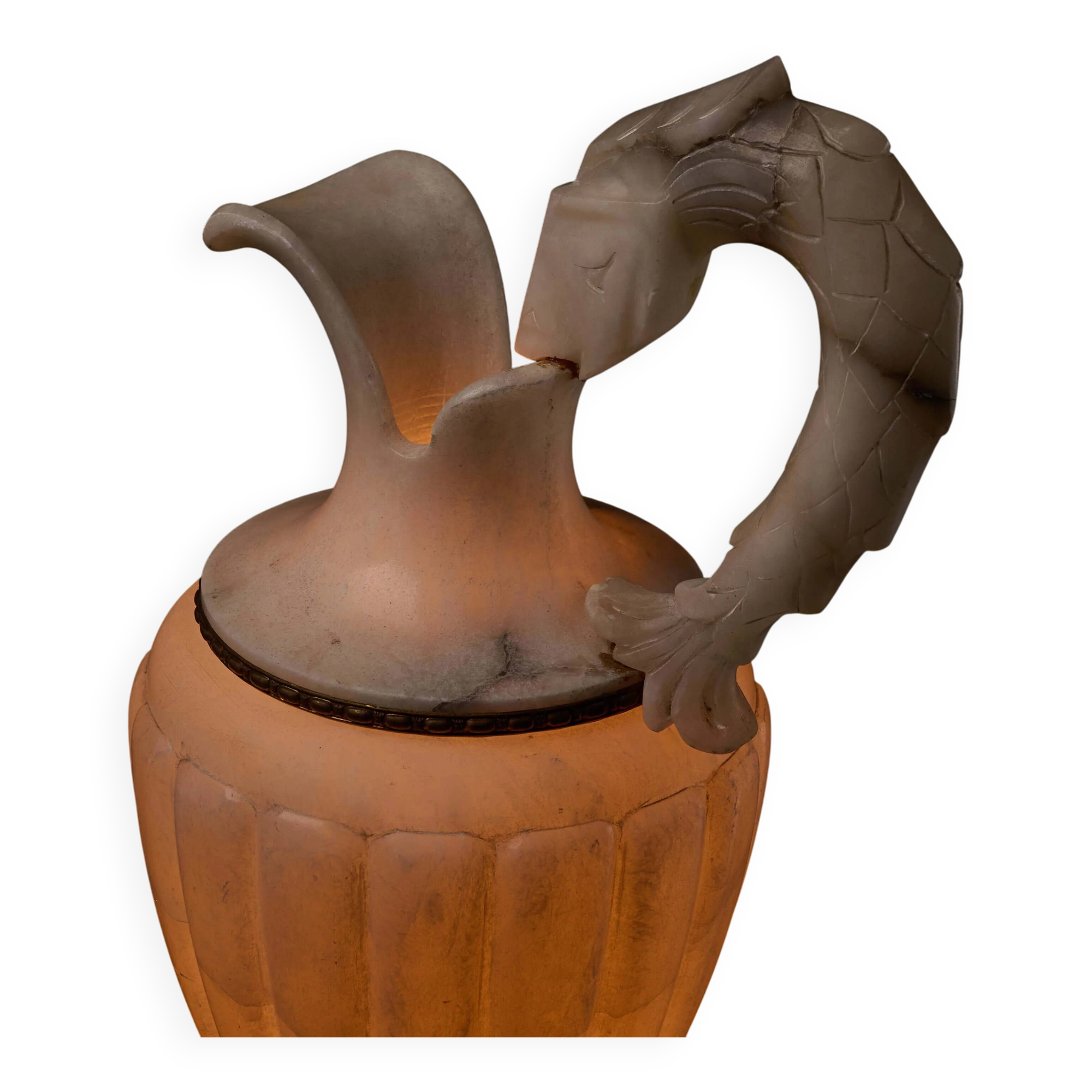 Carved alabaster urn lamp with stylized fish handle