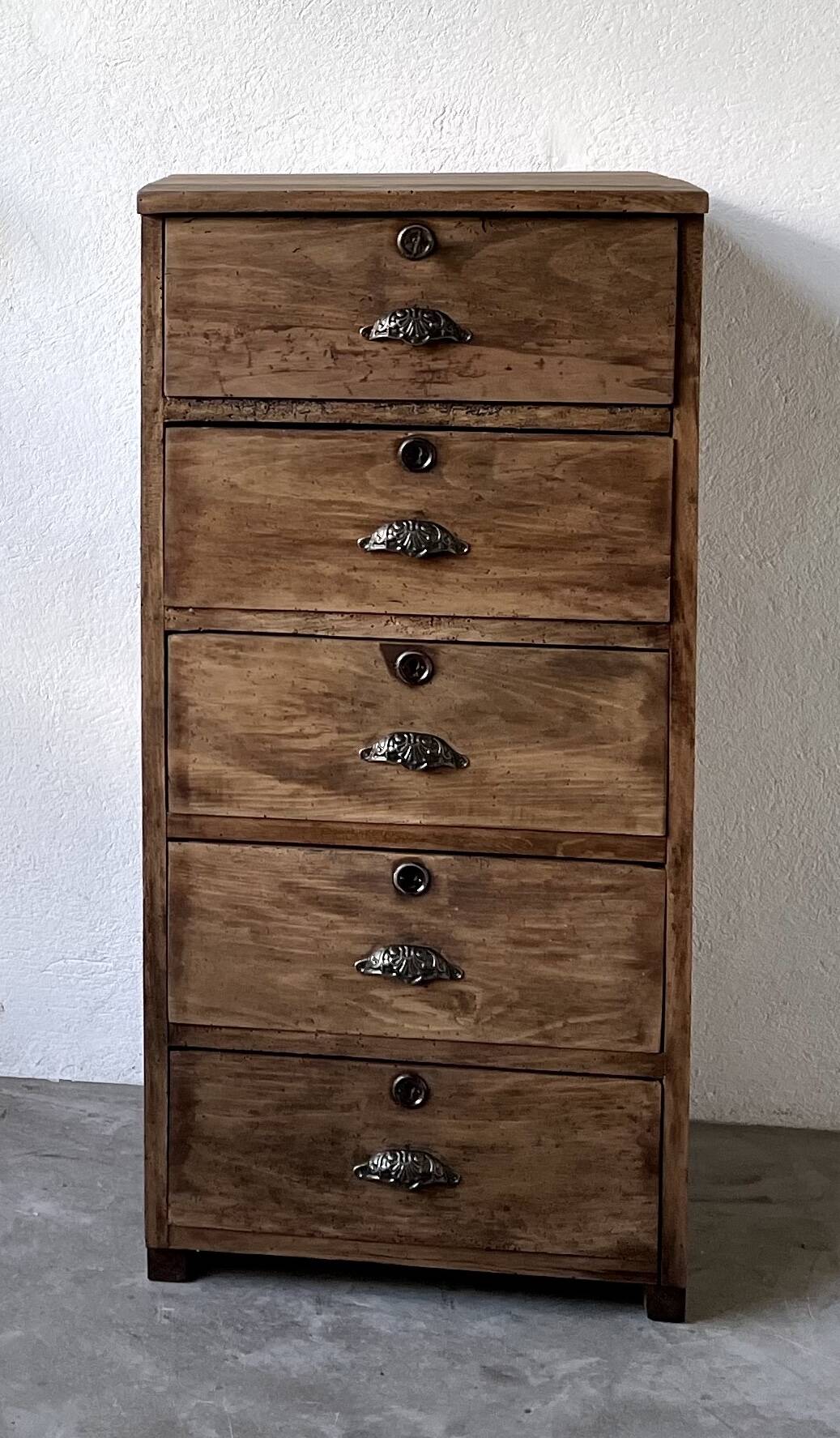 Small old vertical craft cabinet with 5 drawers