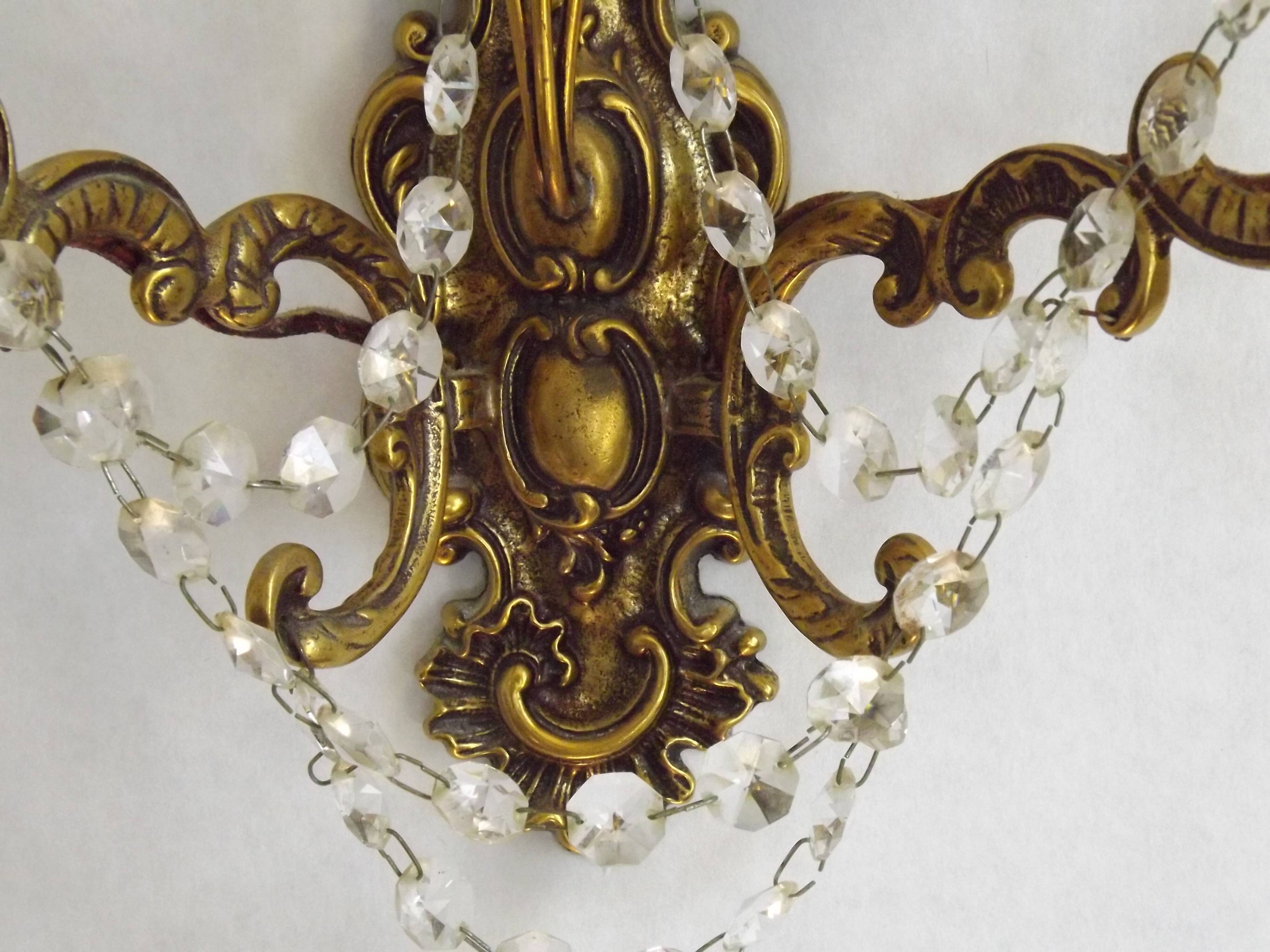 Pair of French Baroque Double Bronze Crystal Wall Lights Glass Bead Swags