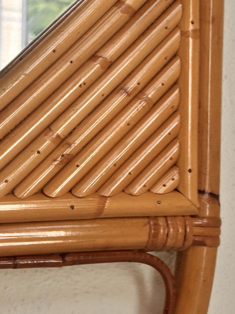 Curved half-moon console in rattan and bamboo with mirror by Vivai del Sud, Italy, 1960s.