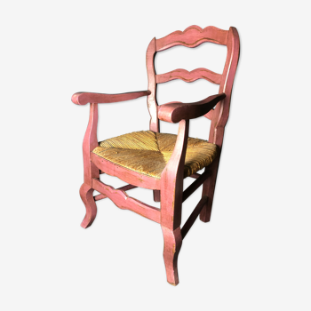 Fauteuil d'enfant ancien paillé patiné couleur framboise début XX eme