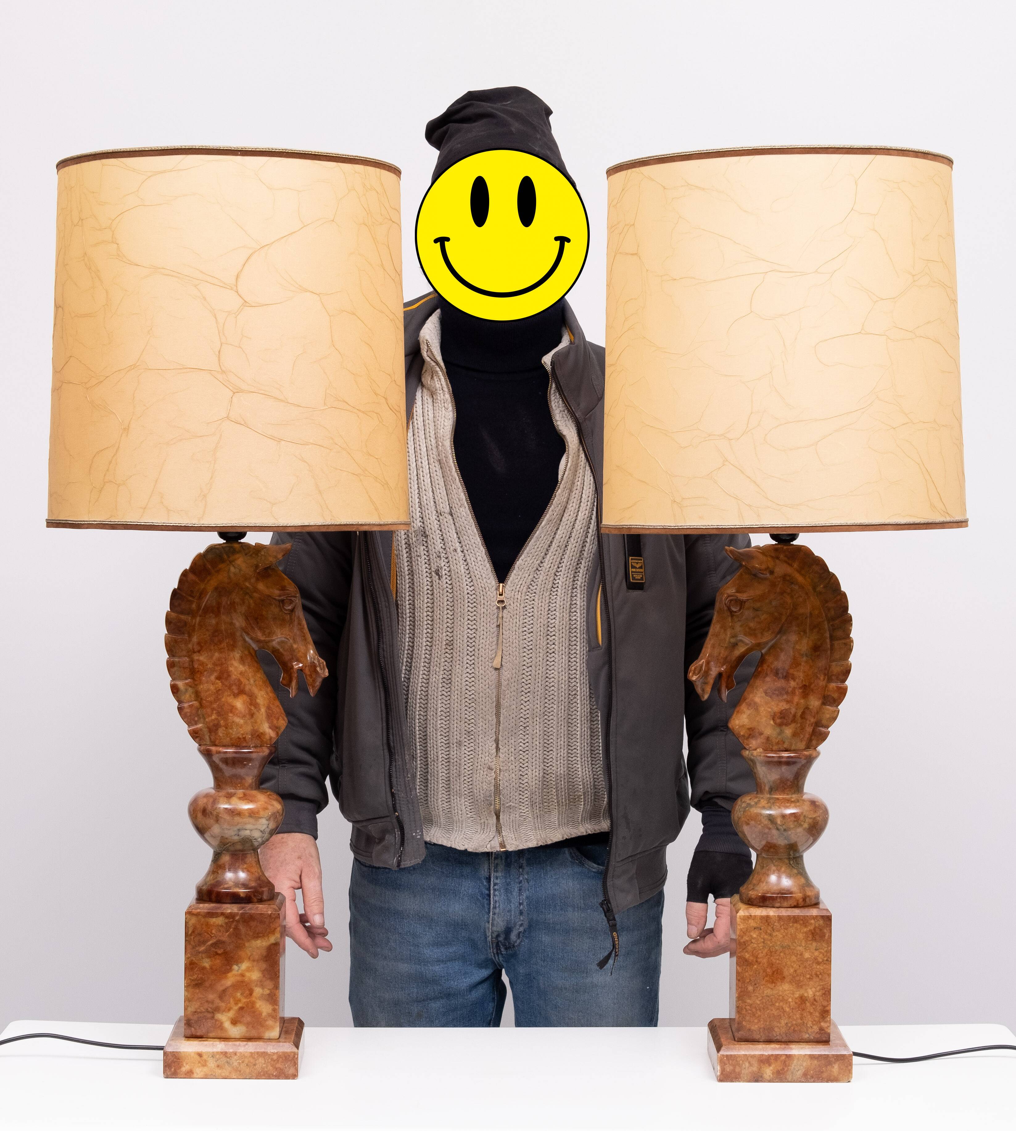 Large Horse Head Chess Knights Lamp in Carved Alabaster, taly, 1960s, Set of 2