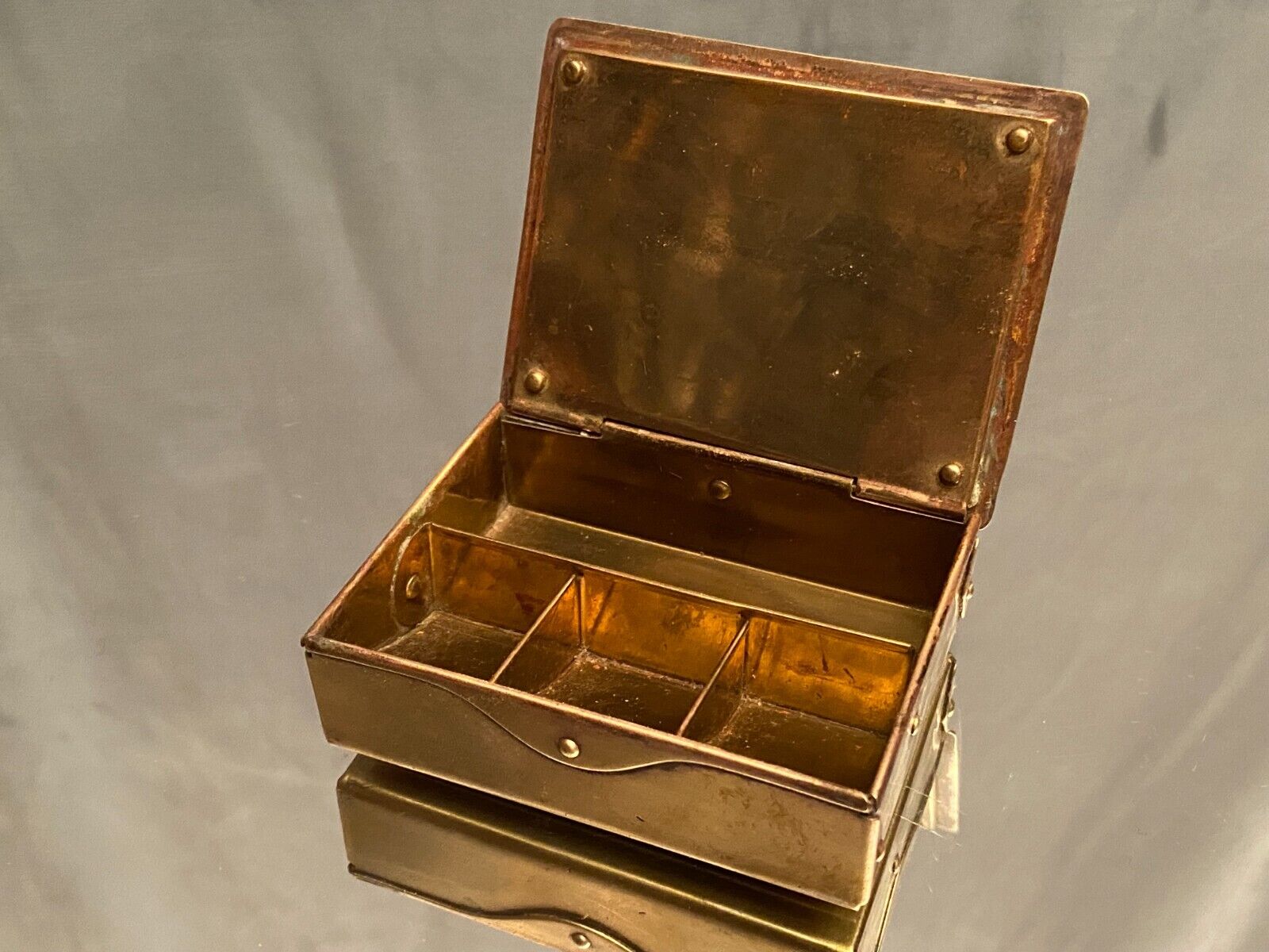 German compartmentalized stamp box early twentieth GHG Gesch holly leaf